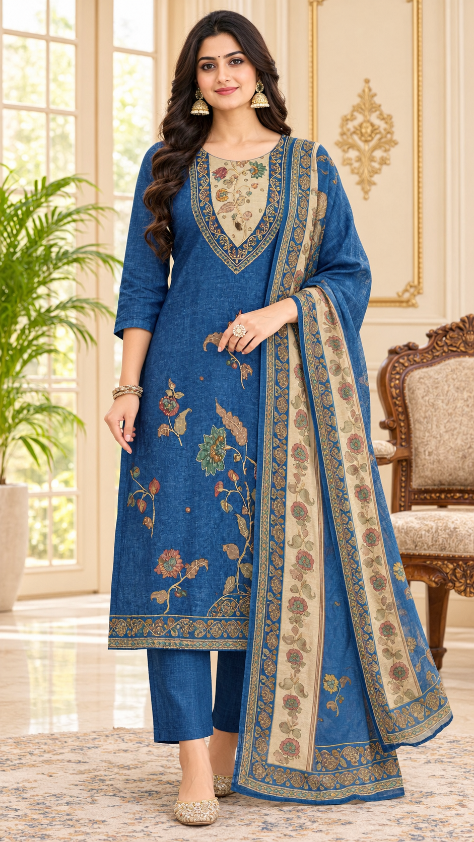 Women Blue Embroidered Kota Cotton Kurta Pant Dupatta
