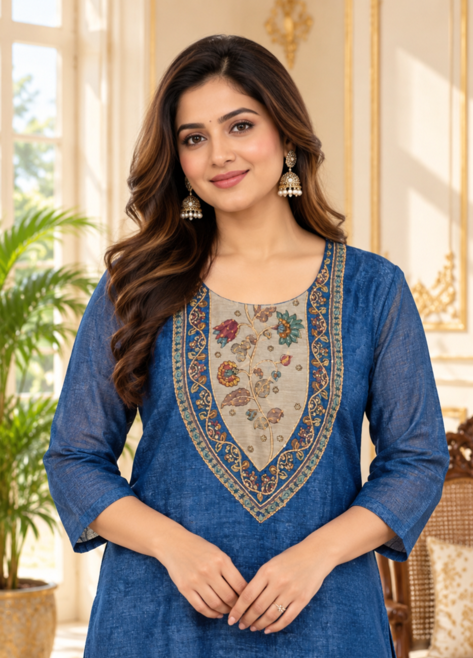 Women Blue Embroidered Kota Cotton Kurta Pant Dupatta
