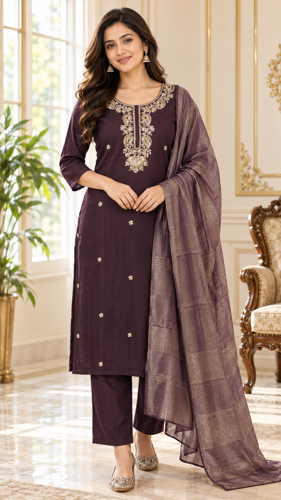 Women Purple Embroidered Mul Chanderi Kurta Pant Dupatta