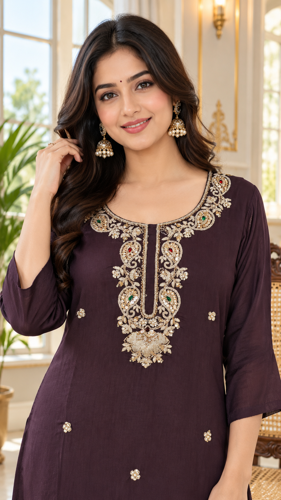 Women Purple Embroidered Mul Chanderi Kurta Pant Dupatta