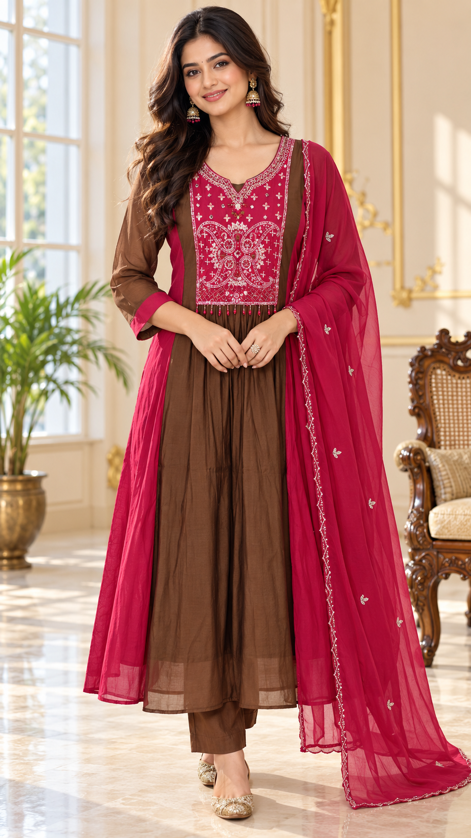 Women Brown Embroidered Mul Chanderi Kurta Pant Dupatta