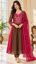 Women Brown Embroidered Mul Chanderi Kurta Pant Dupatta