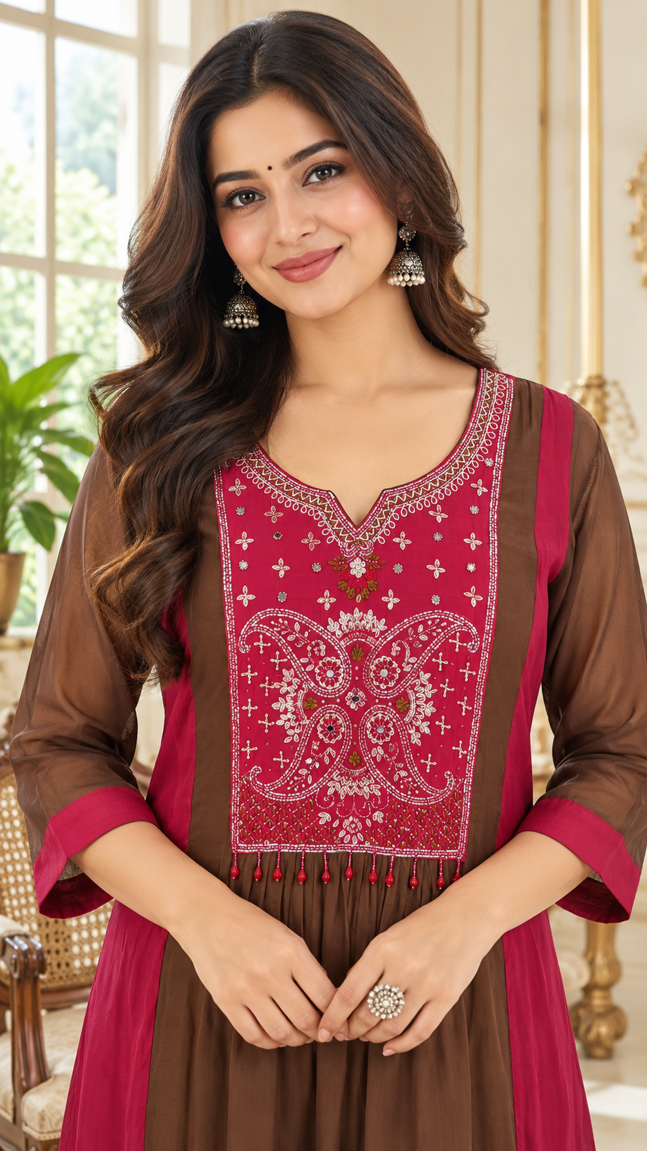 Women Brown Embroidered Mul Chanderi Kurta Pant Dupatta