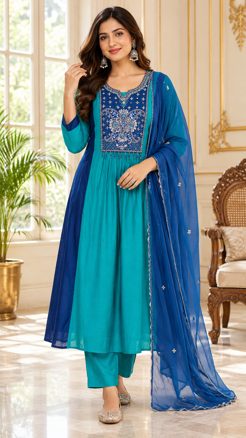 Women Teal Blue Embroidered Mul Chanderi Kurta Pant Dupatta