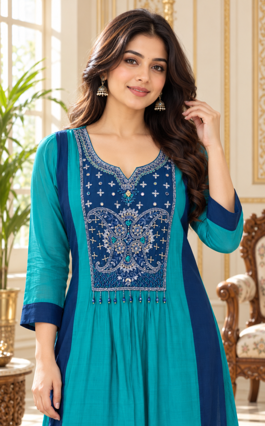 Women Teal Blue Embroidered Mul Chanderi Kurta Pant Dupatta