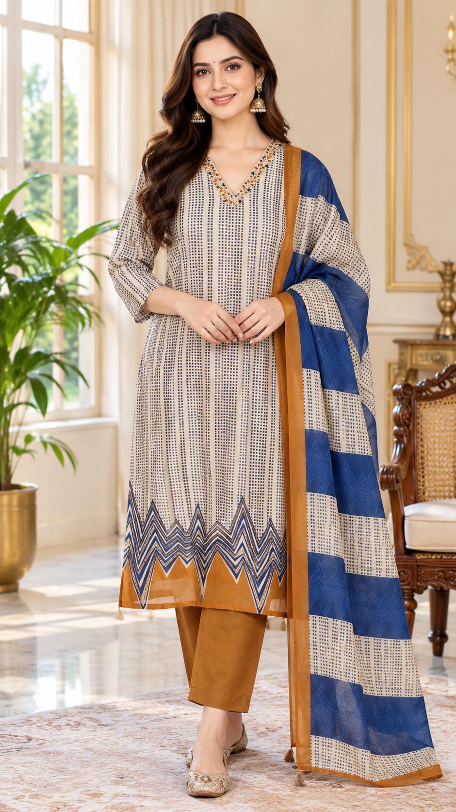 Women Beige Embroidered Cotton Kurta Pant Dupatta