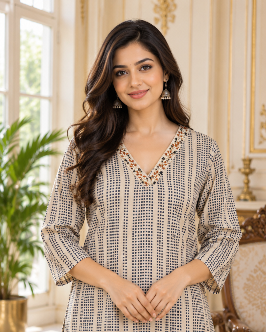 Women Beige Embroidered Cotton Kurta Pant Dupatta