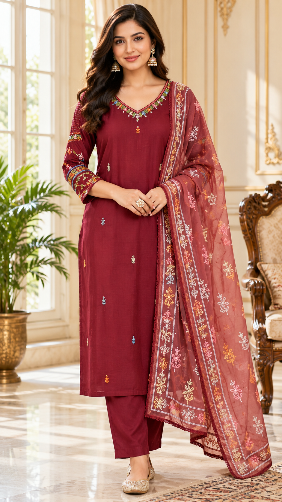Women Maroon Embroidered Mul Chanderi Kurta Pant Dupatta