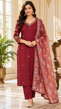 Women Maroon Embroidered Mul Chanderi Kurta Pant Dupatta