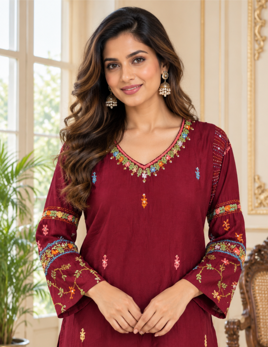 Women Maroon Embroidered Mul Chanderi Kurta Pant Dupatta