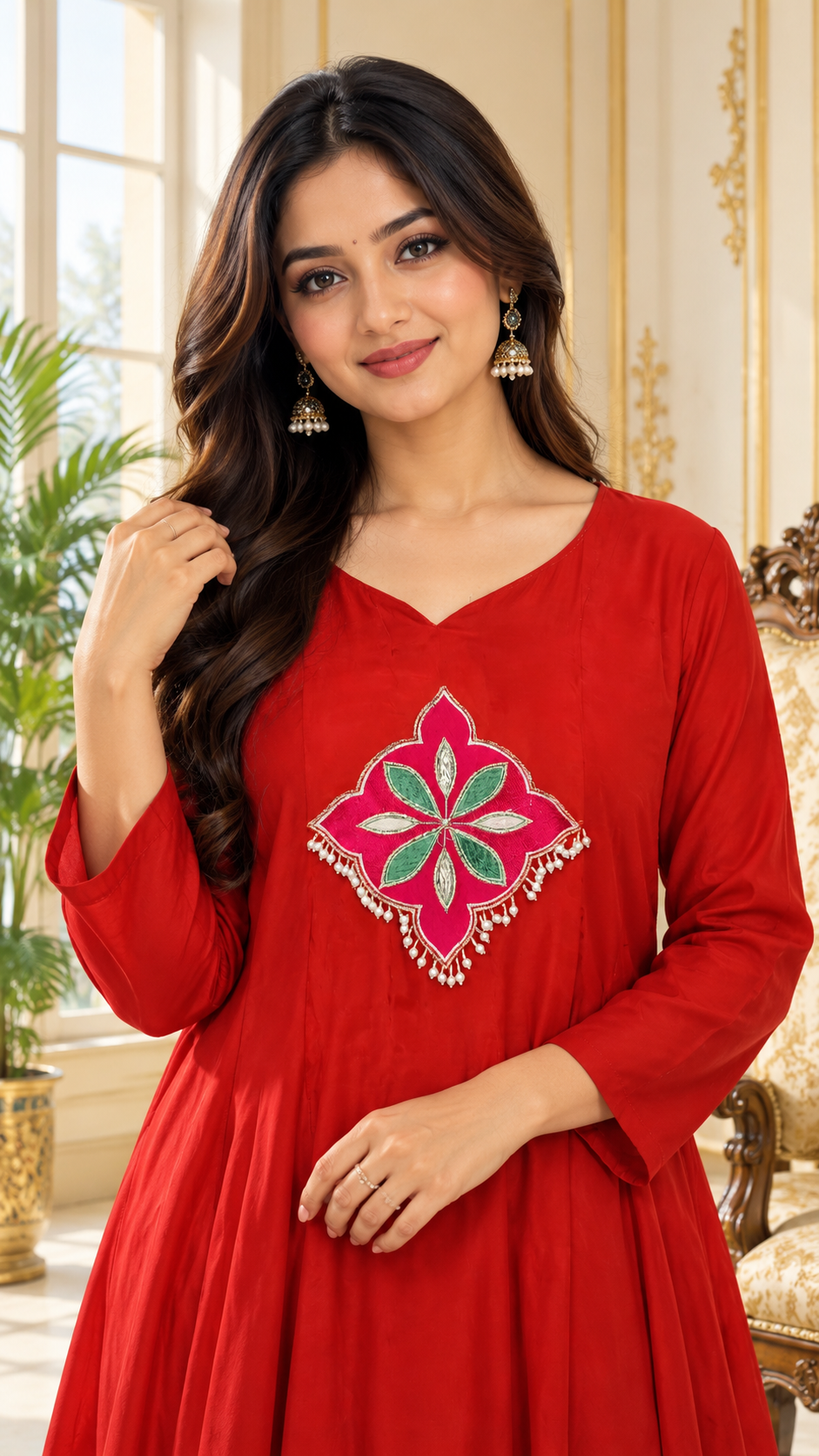 Women Rust Embroidered Mul Chanderi Kurta Pant Dupatta