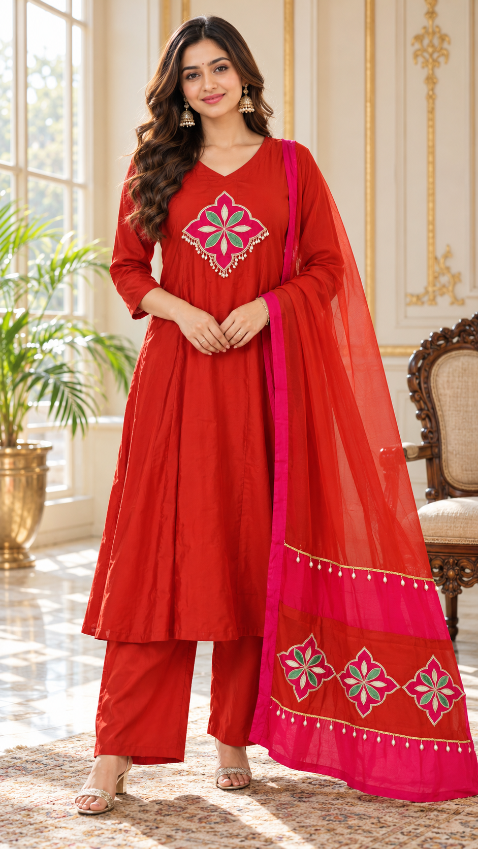 Women Rust Embroidered Mul Chanderi Kurta Pant Dupatta