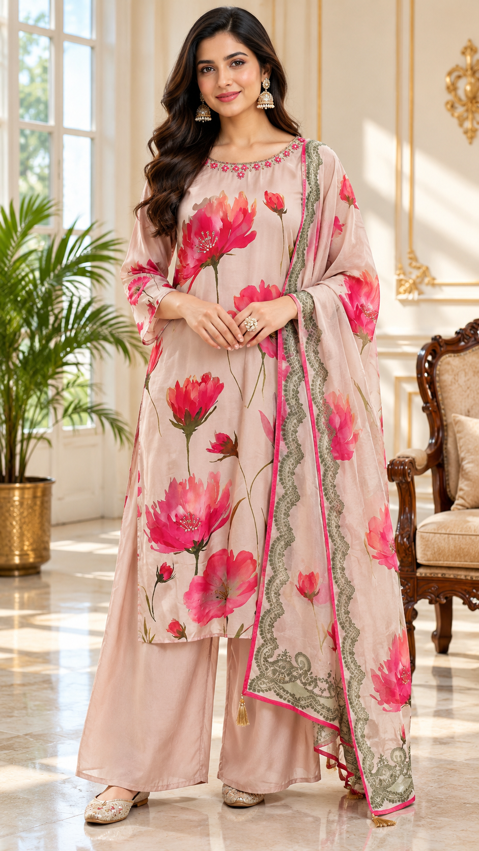 Women Pink Embroidered Cotton Silk Kurta Pant Dupatta