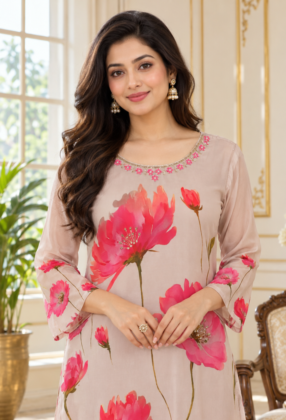 Women Pink Embroidered Cotton Silk Kurta Pant Dupatta