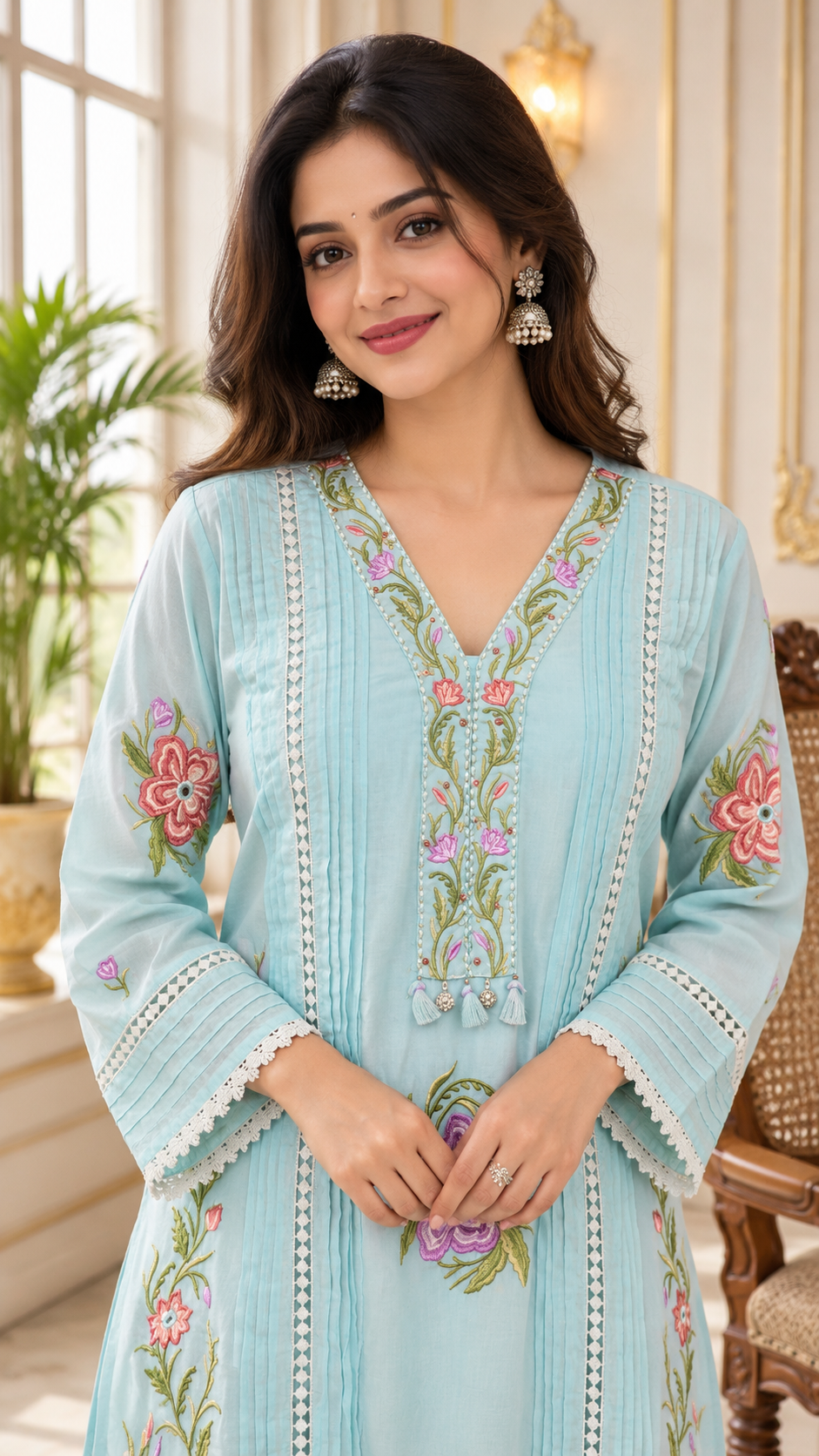 Women Sky Blue Embroidered Cotton Kurta Pant Dupatta