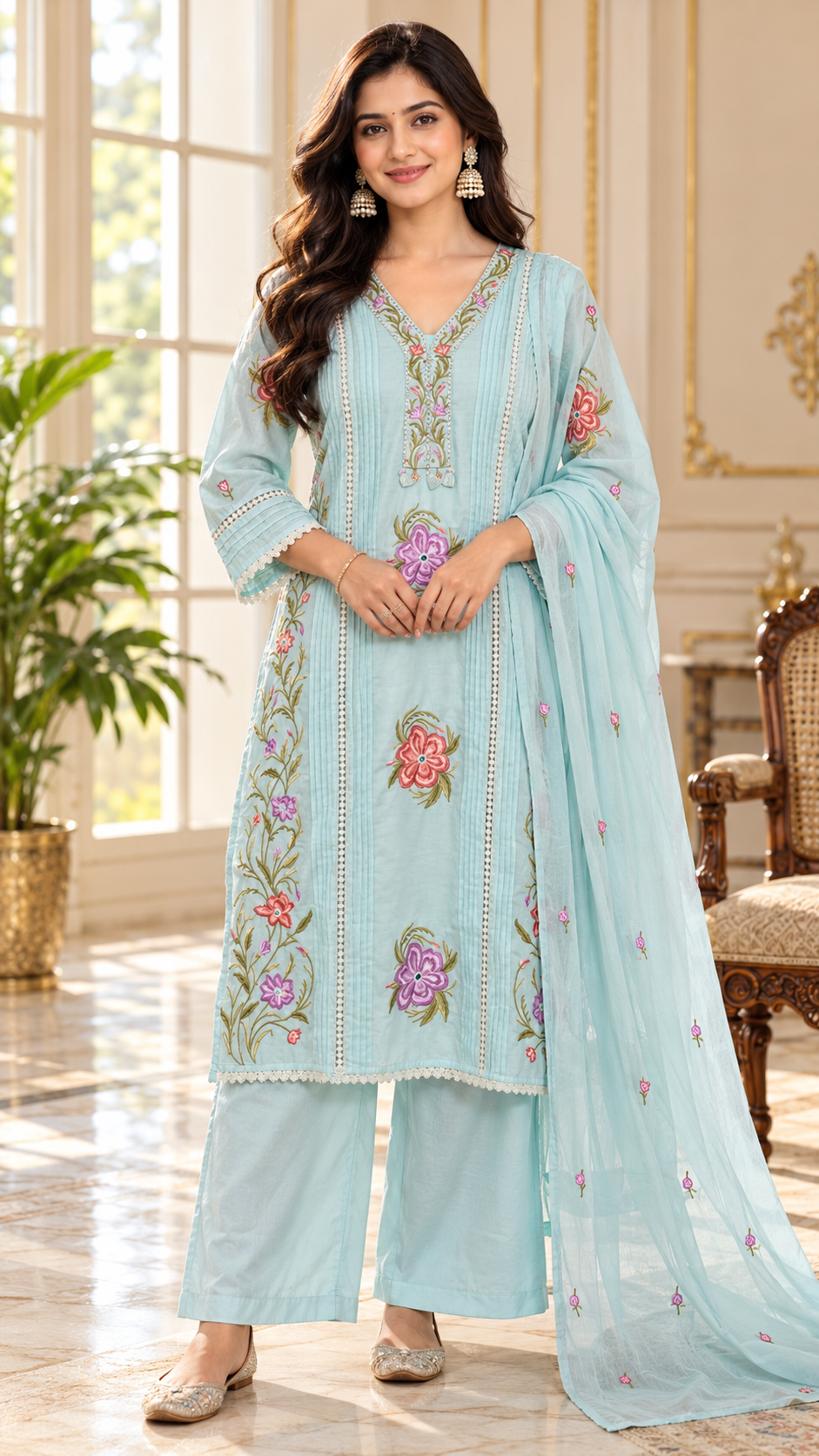 Women Sky Blue Embroidered Cotton Kurta Pant Dupatta