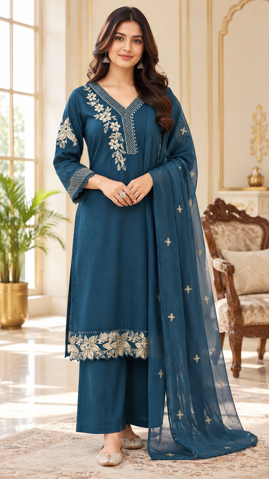 Women Blue Embroidered Cotton Kurta Pant Dupatta