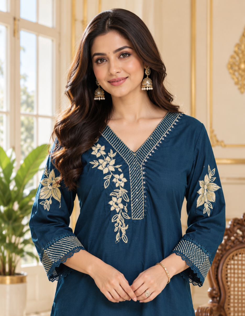 Women Blue Embroidered Cotton Kurta Pant Dupatta