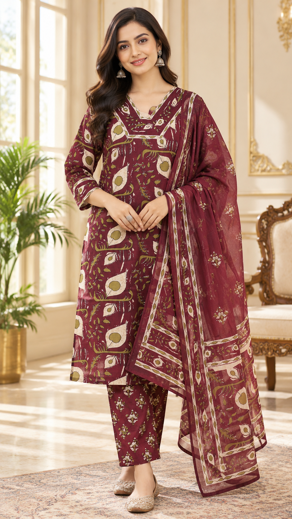 Women Purple Printed Cotton Kurta Pant Dupatta