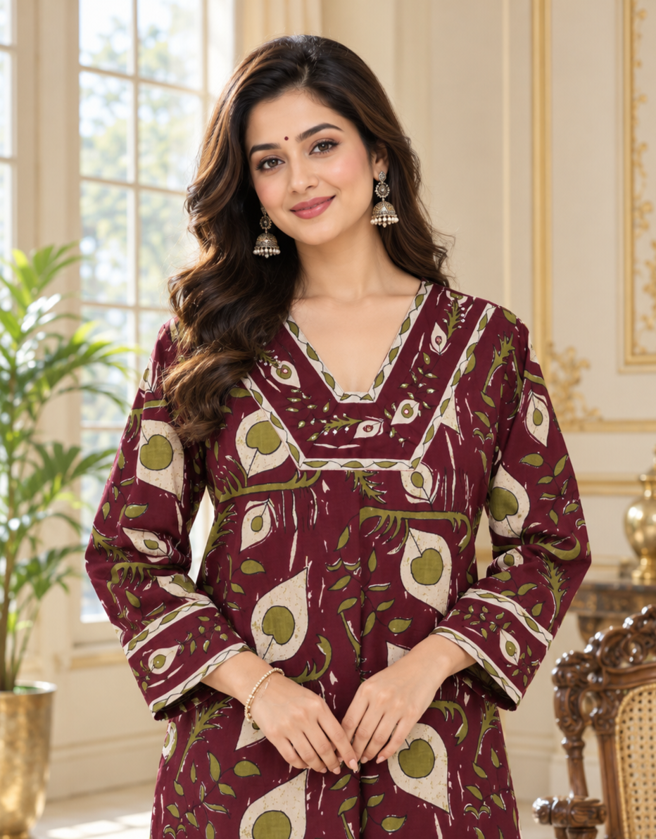 Women Purple Printed Cotton Kurta Pant Dupatta