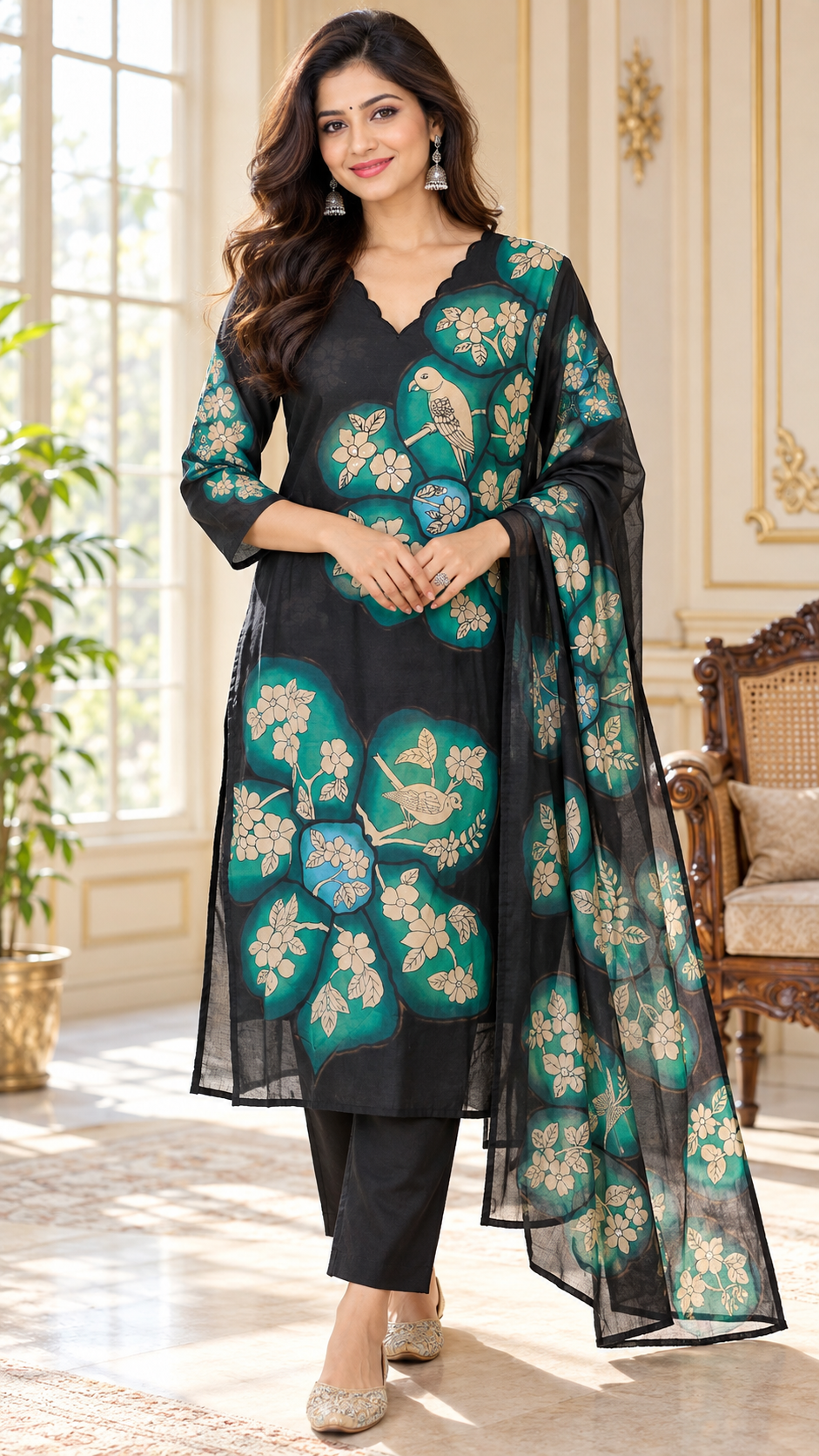 Women Black Printed Cotton Kurta Pant Dupatta
