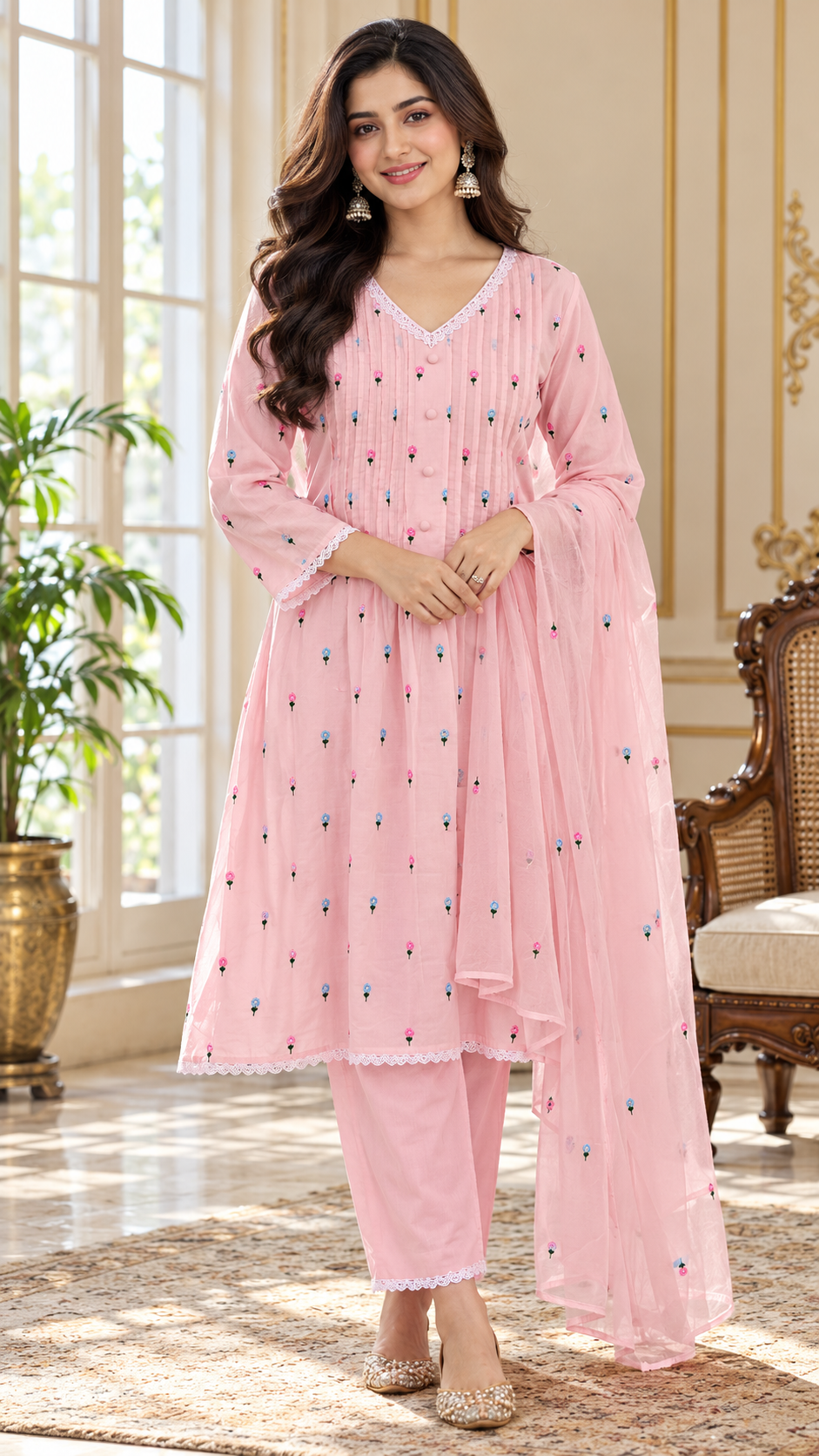 Women Pink Embroidered Cotton Kurta Pant Dupatta