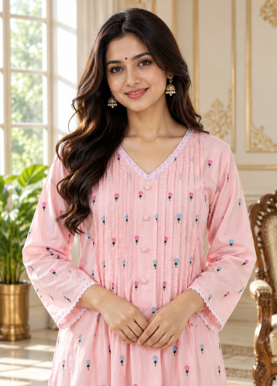 Women Pink Embroidered Cotton Kurta Pant Dupatta
