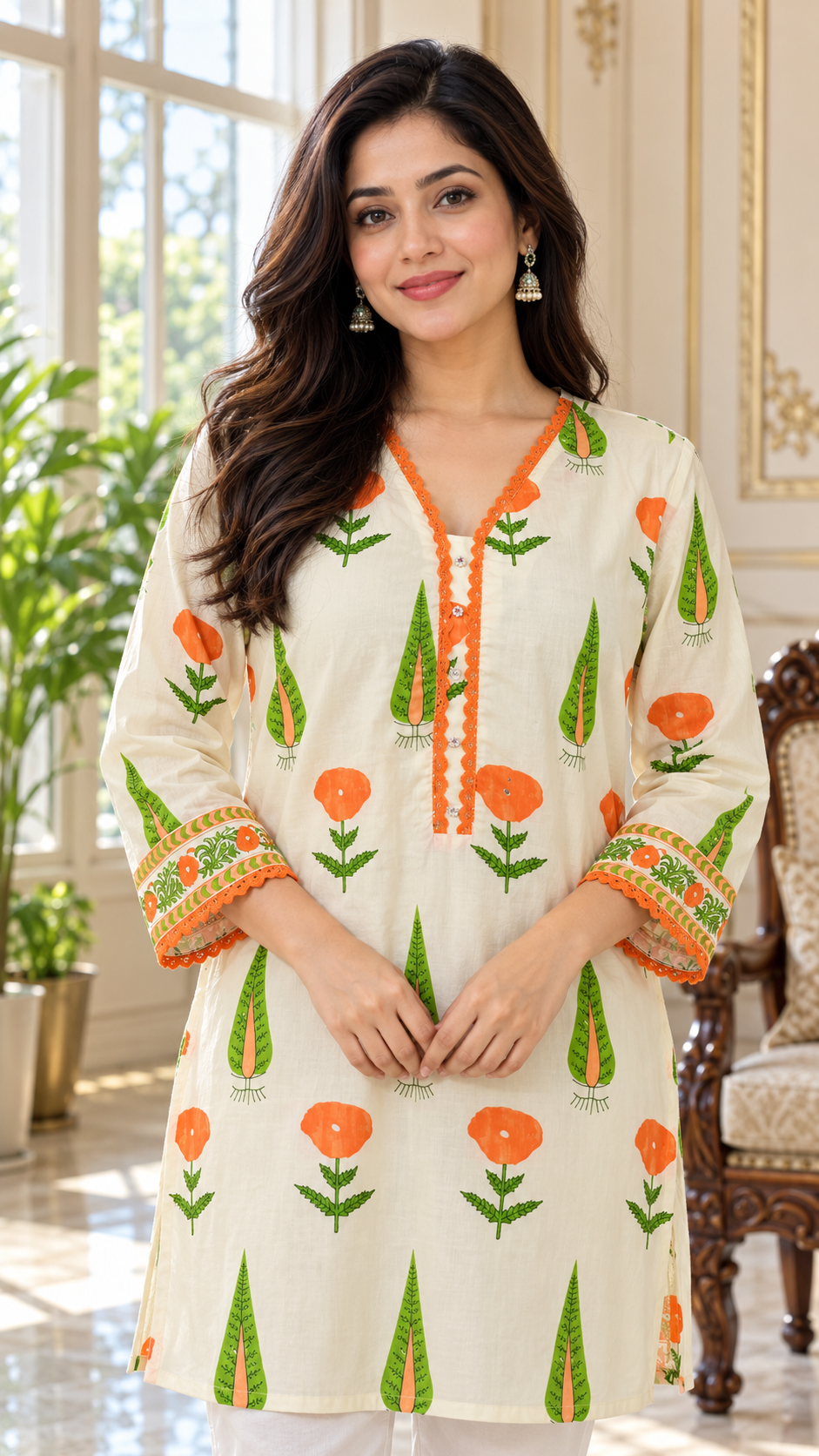Women Cream Embroidered Cotton Kurta Pant Dupatta