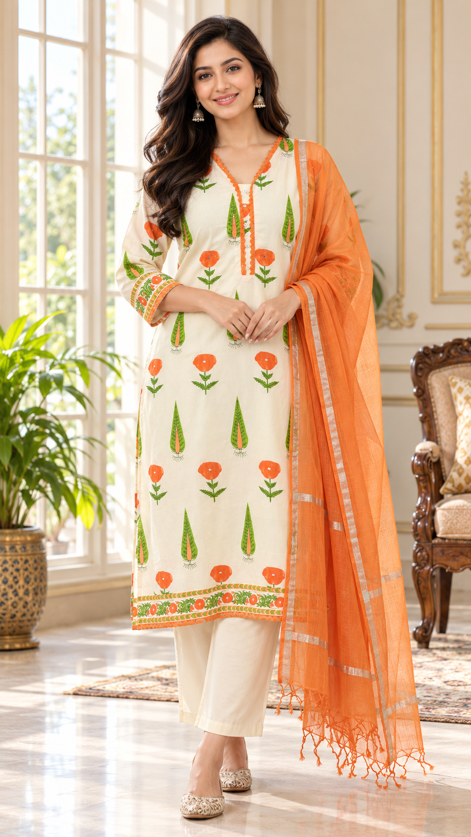 Women Cream Embroidered Cotton Kurta Pant Dupatta