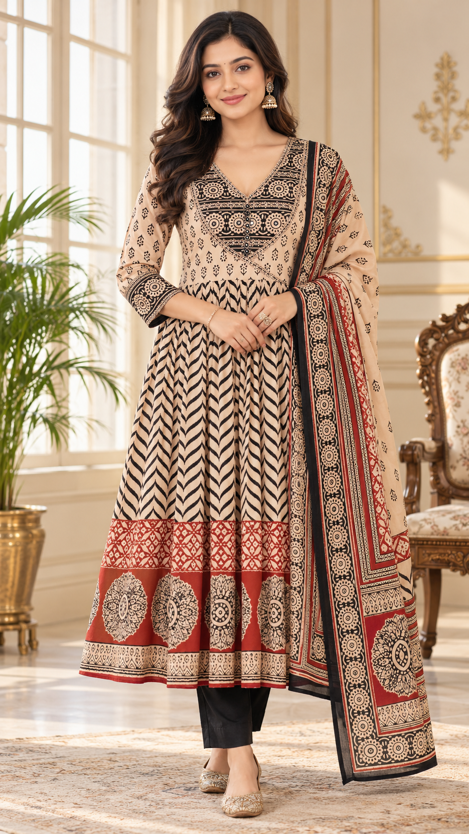 Women Beige Embroidered Cotton Kurta Pant Dupatta