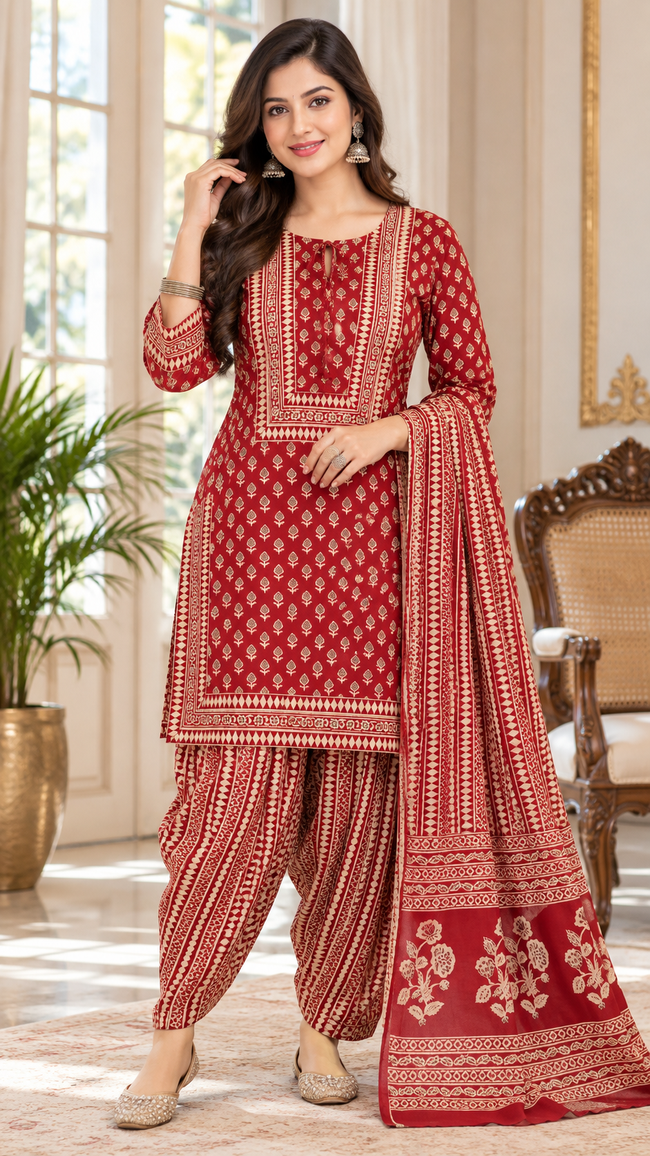 Women Maroon Printed Cotton Kurta Pant Dupatta