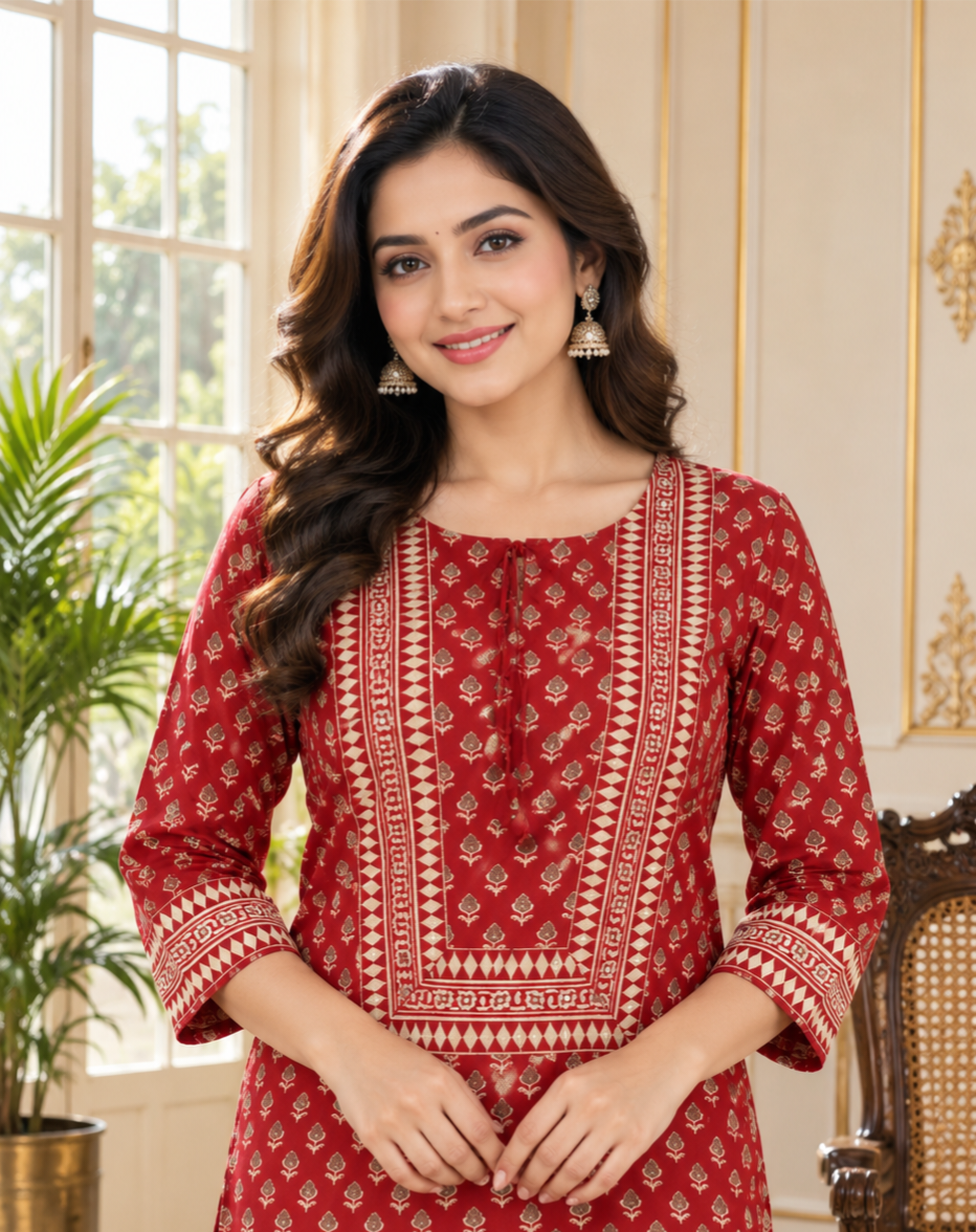 Women Maroon Printed Cotton Kurta Pant Dupatta