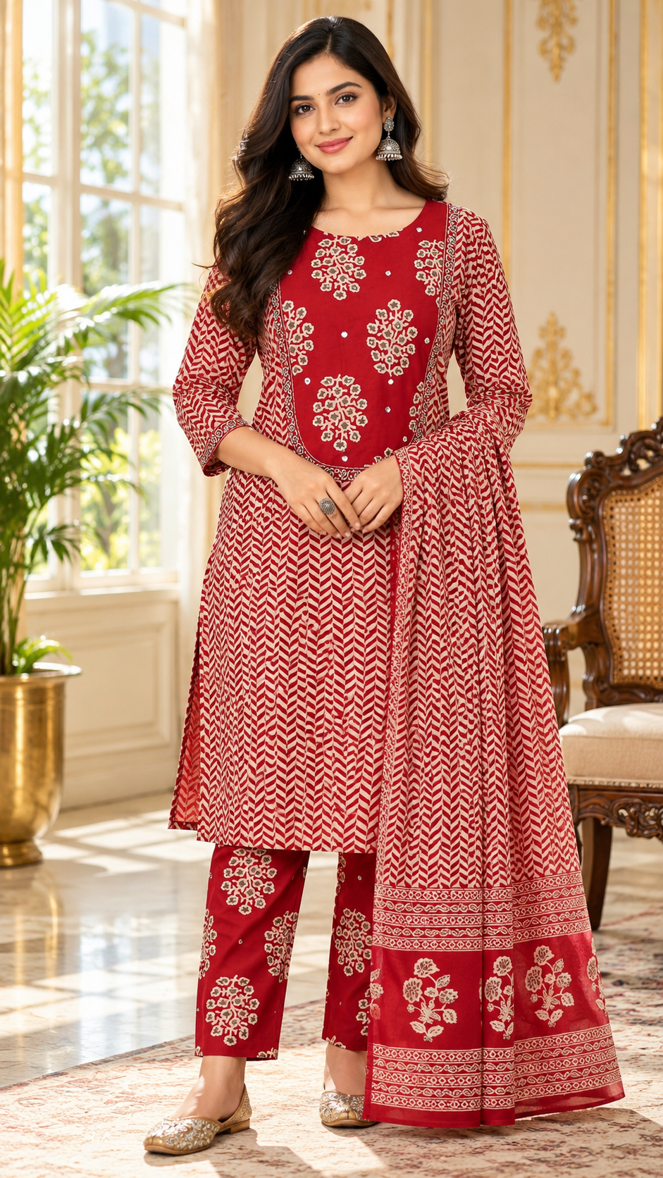 Women Red Embroidered Cotton Kurta Pant Dupatta