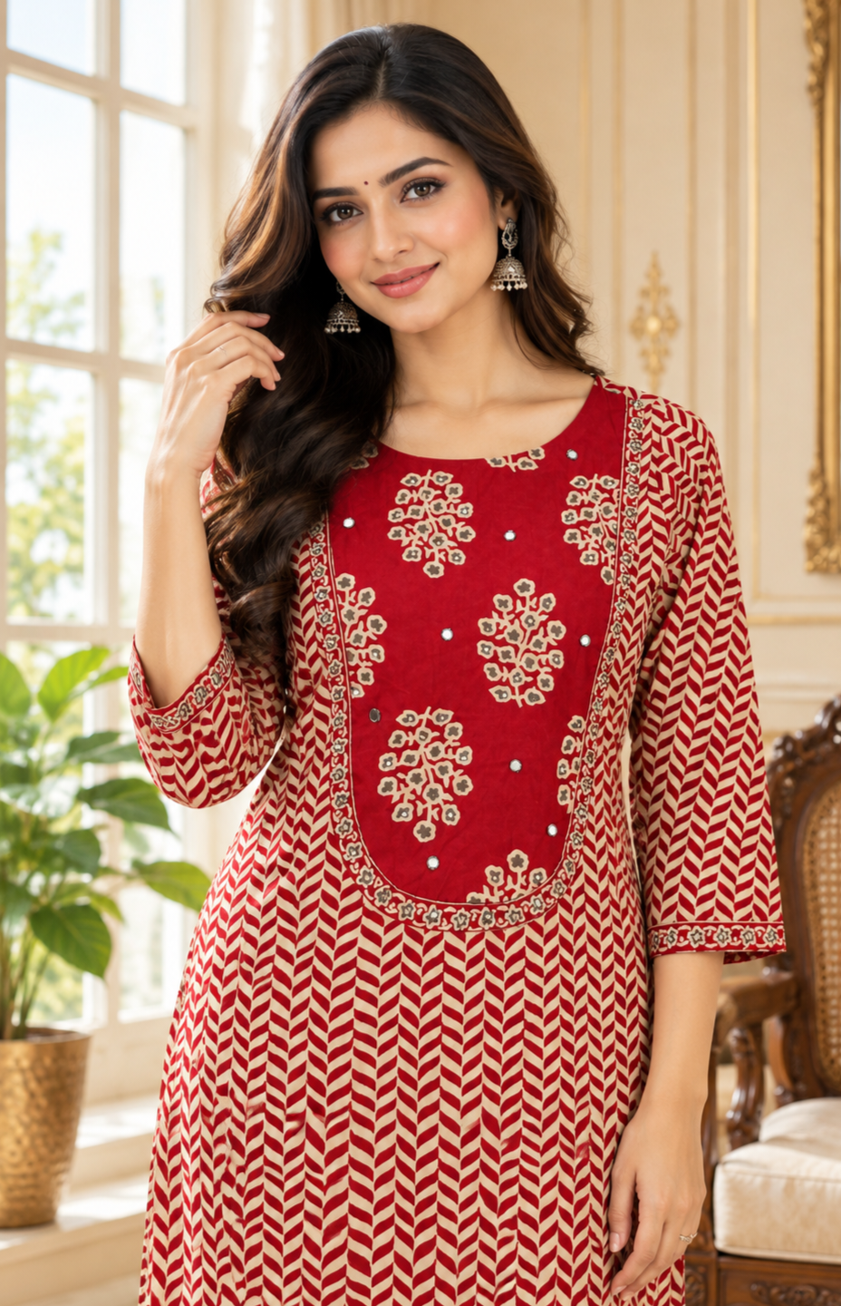 Women Red Embroidered Cotton Kurta Pant Dupatta