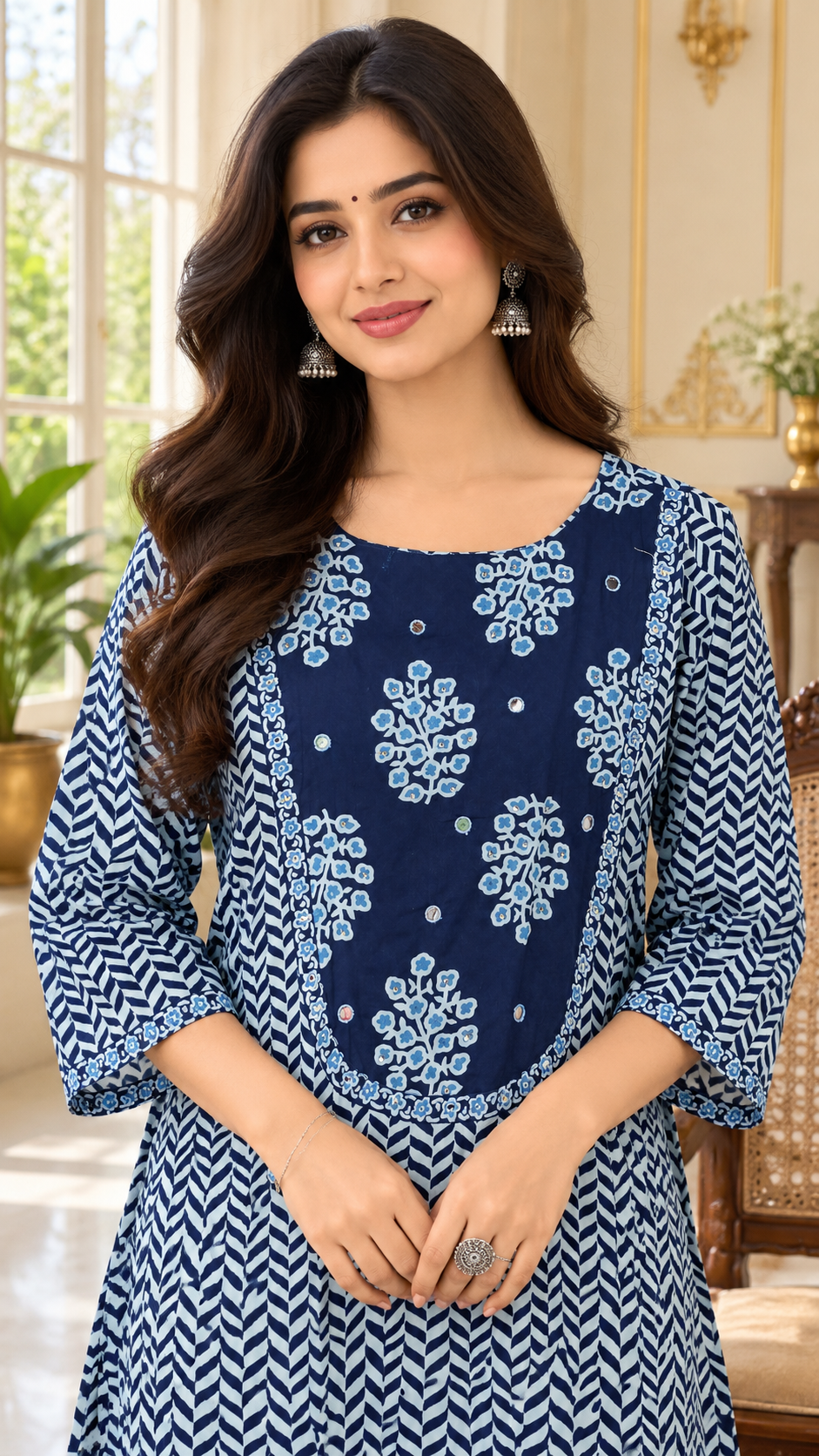 Women Blue Embroidered Cotton Kurta Pant Dupatta