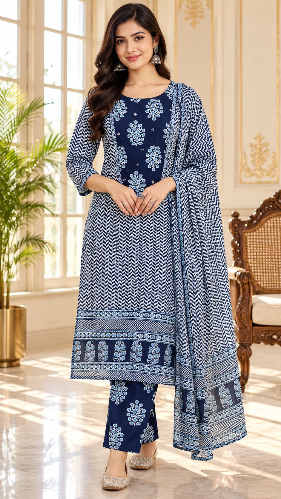 Women Blue Embroidered Cotton Kurta Pant Dupatta