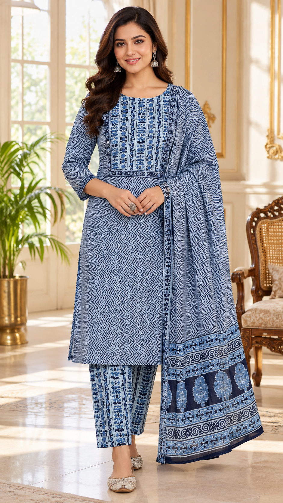 Women Blue Embroidered Cotton Kurta Pant Dupatta