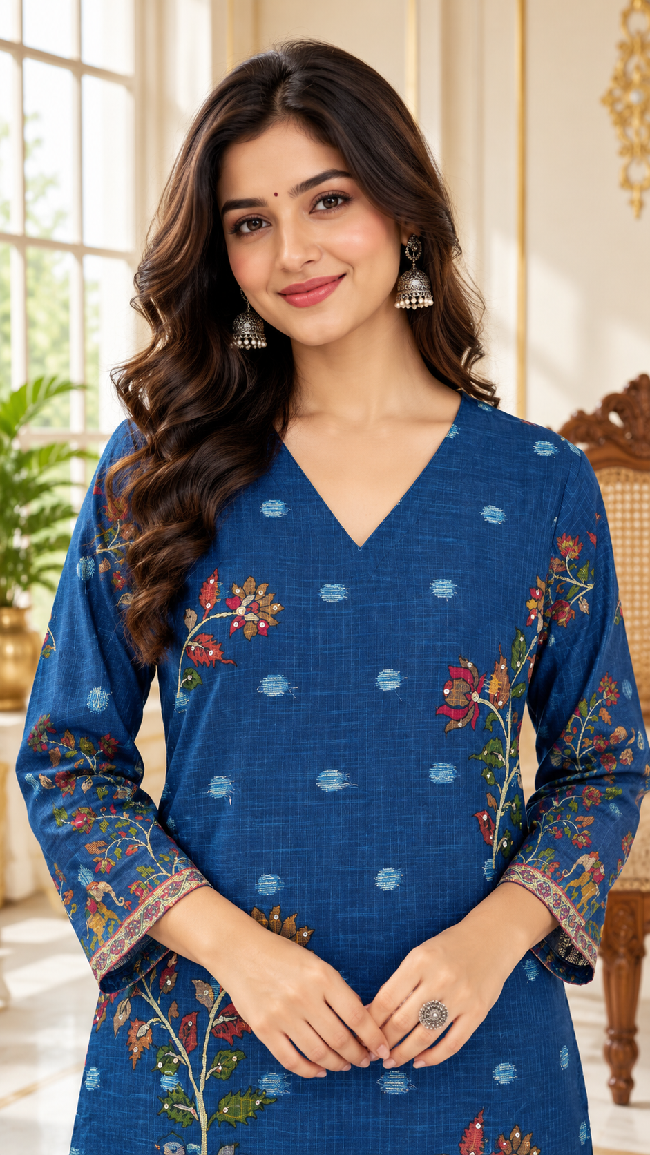 Women Blue Embroidered Cotton Kurta Pant Dupatta