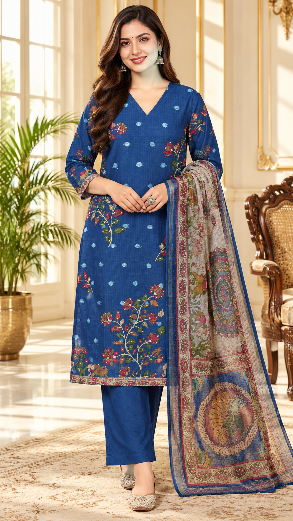 Women Blue Embroidered Cotton Kurta Pant Dupatta