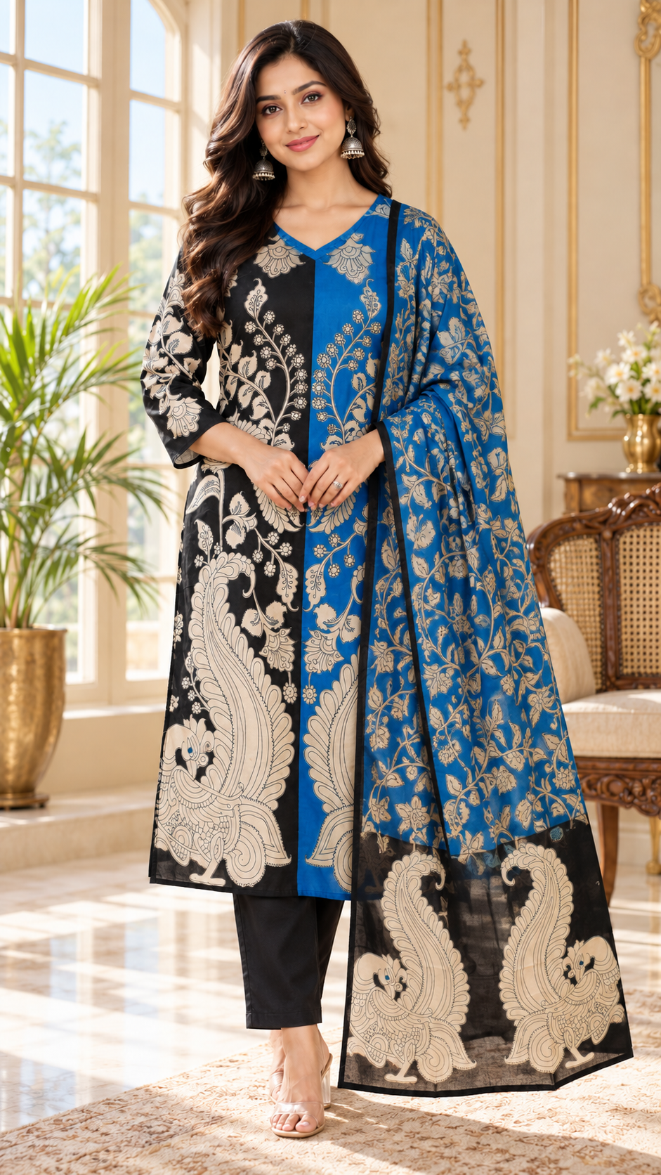 Women Black Printed Cotton Kurta Pant Dupatta