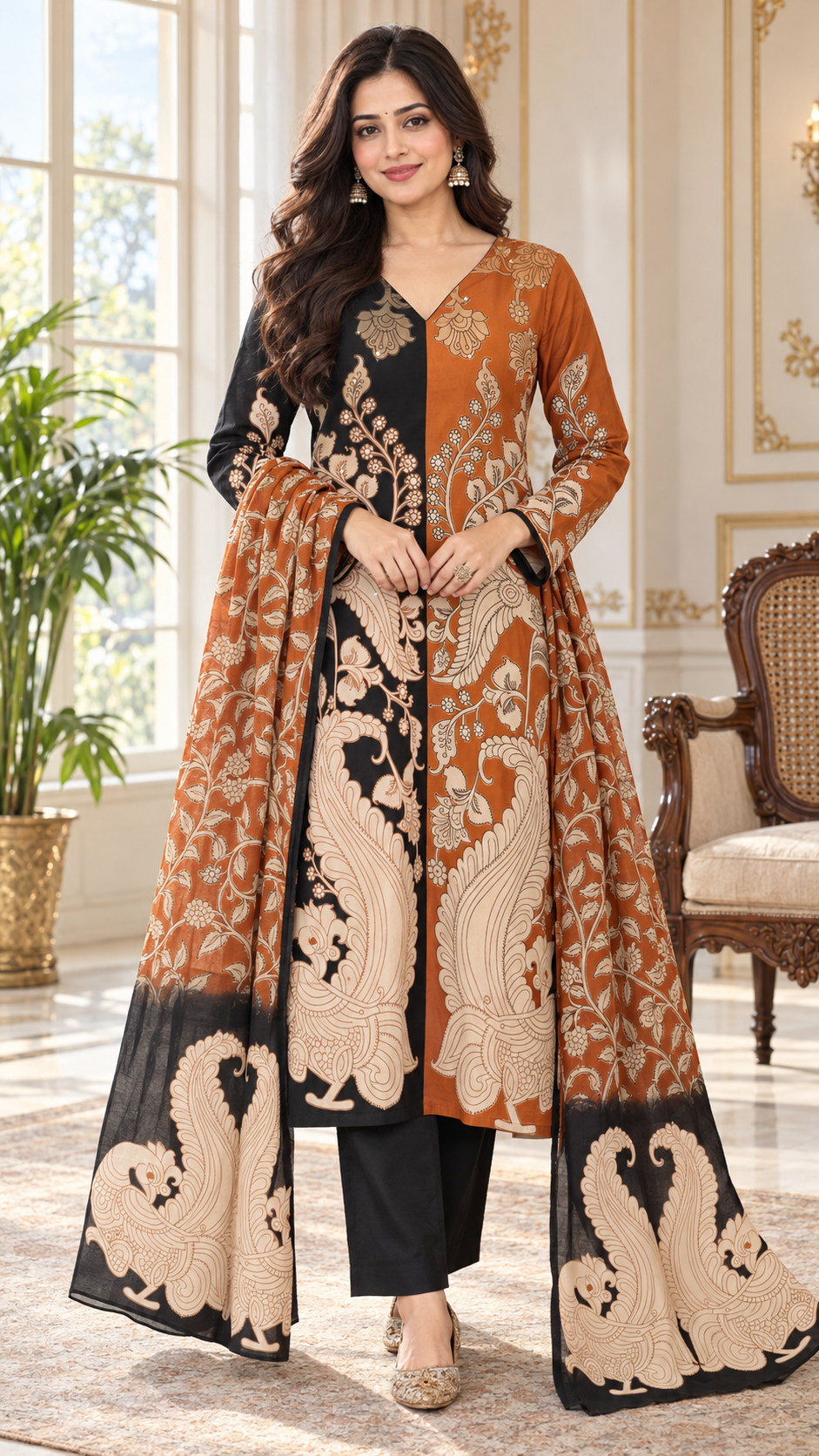 Women Black Printed Cotton Kurta Pant Dupatta