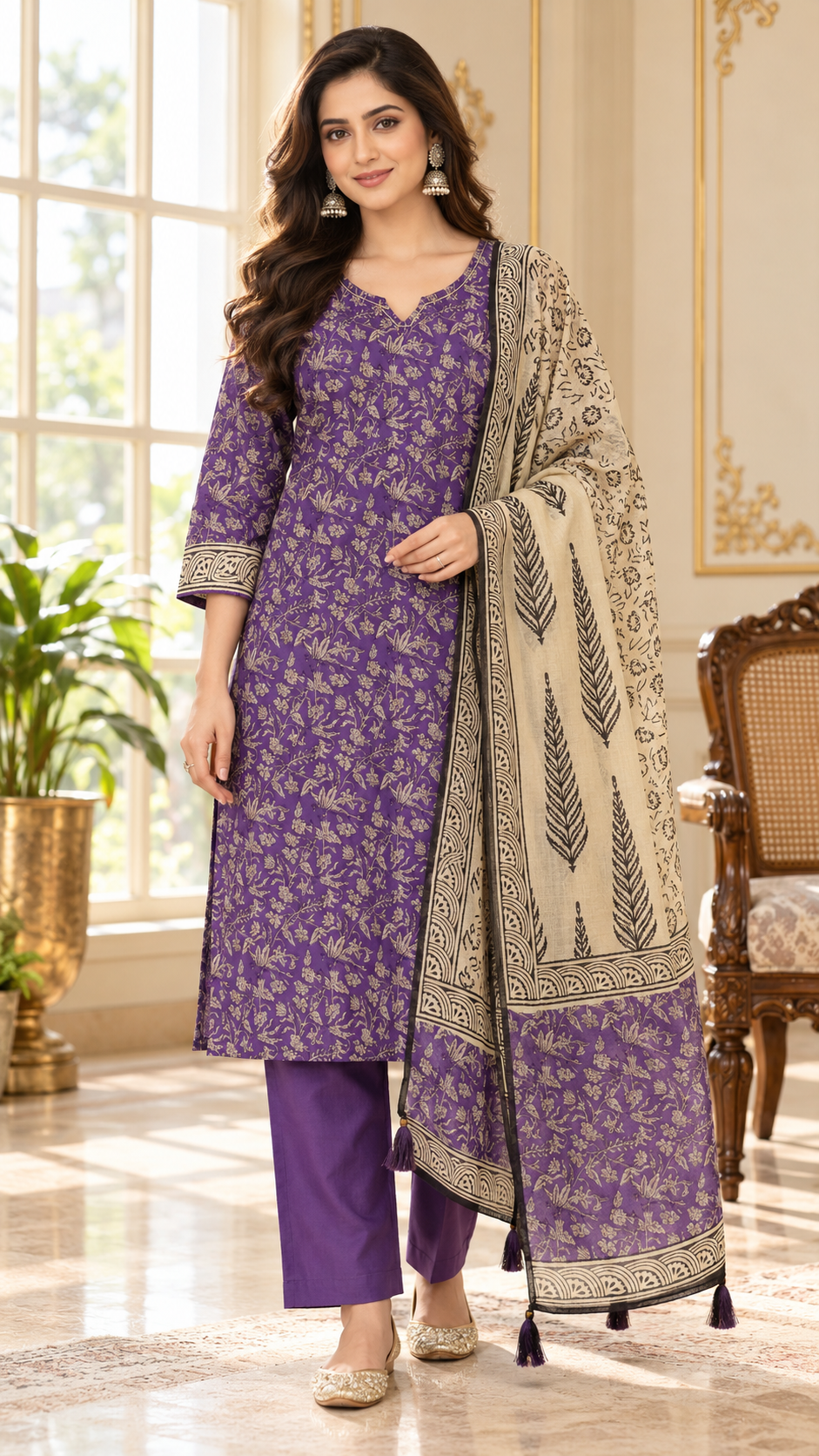 Women Purple Printed Cotton Kurta Pant Dupatta