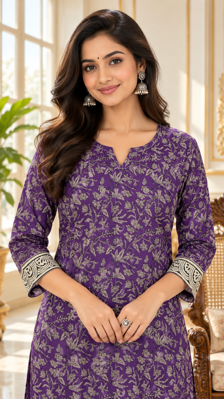Women Purple Printed Cotton Kurta Pant Dupatta