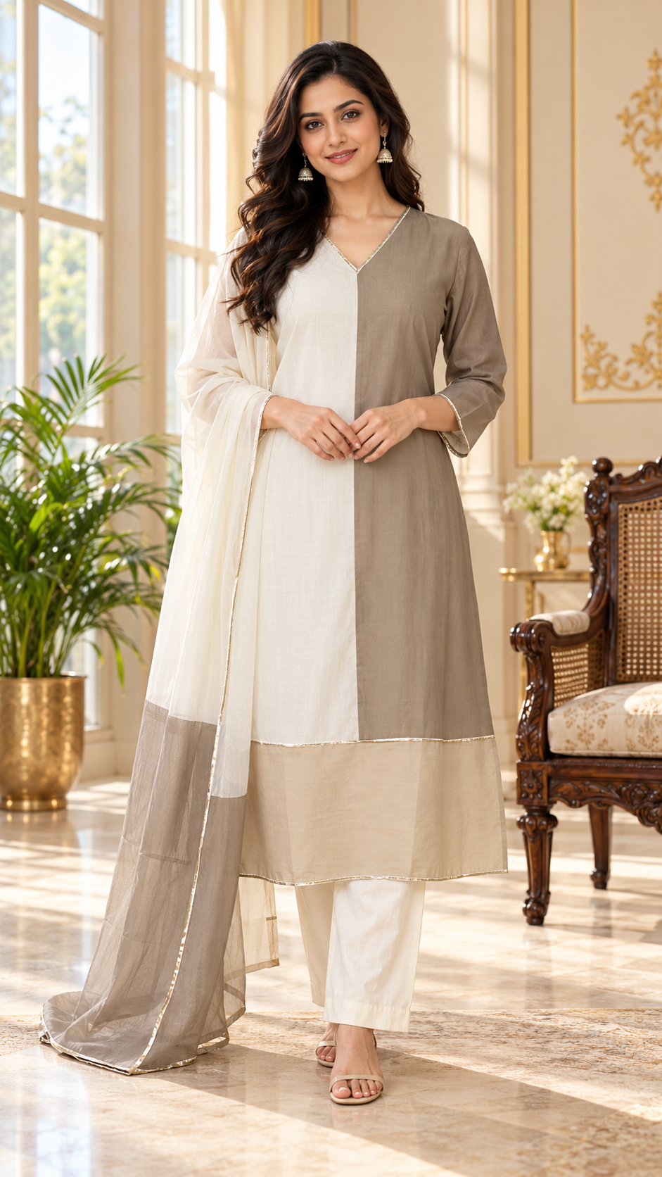 Women Beige Printed Cotton Kurta Pant Dupatta