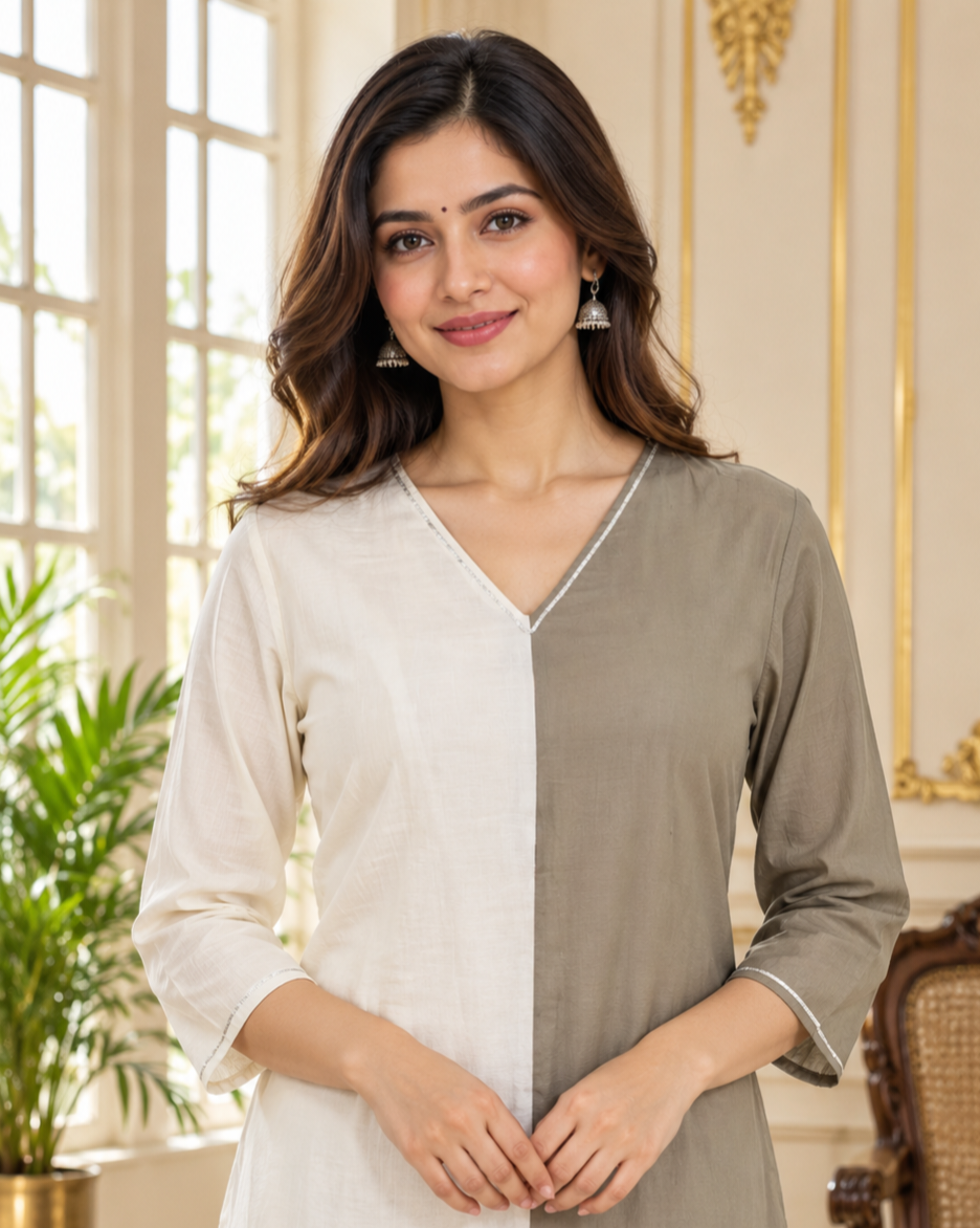 Women Beige Printed Cotton Kurta Pant Dupatta