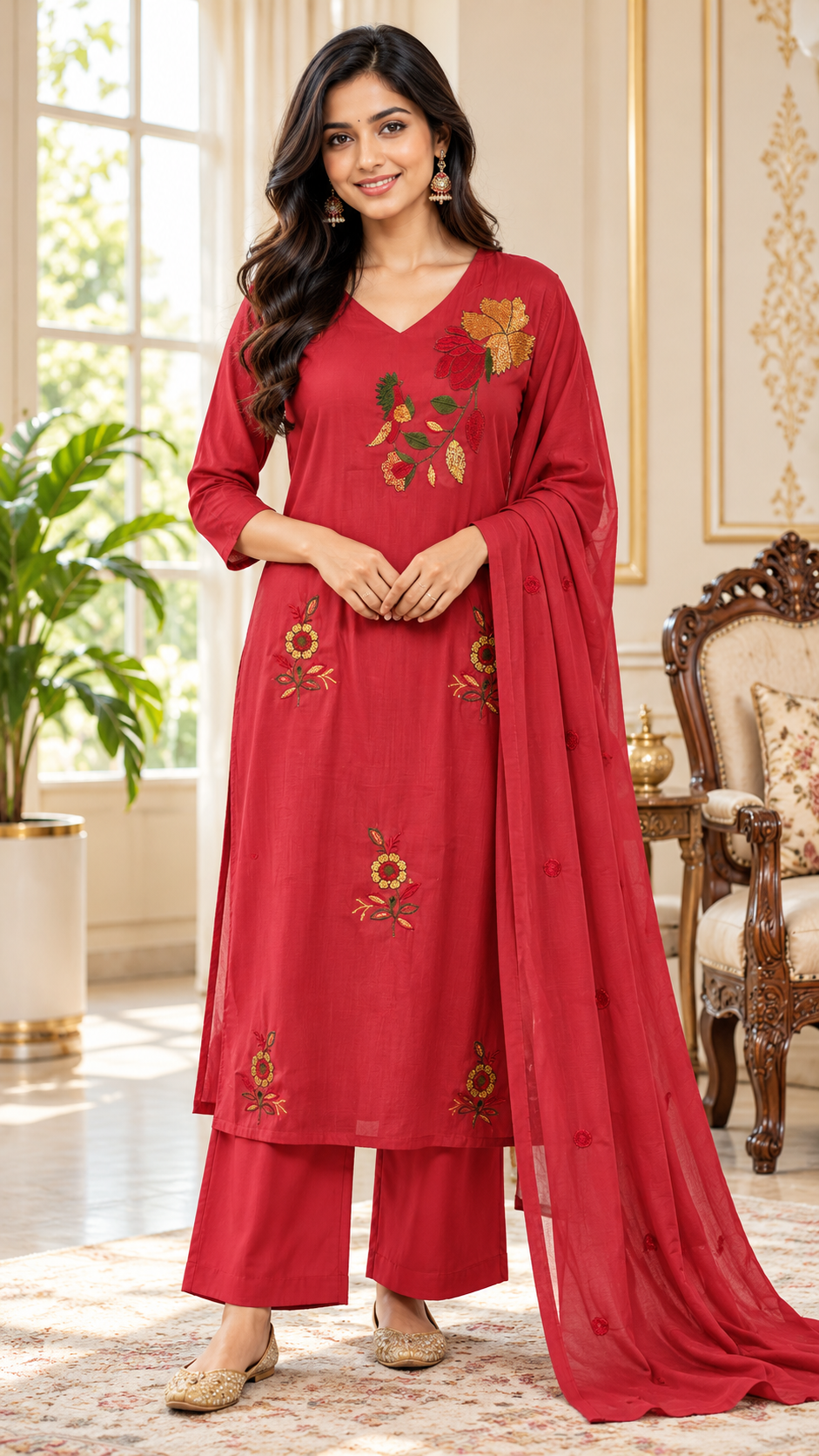 Women Pink Embroidered Cotton Kurta Pant Dupatta