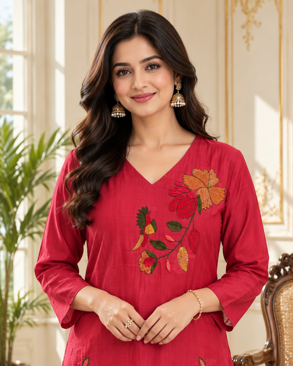 Women Pink Embroidered Cotton Kurta Pant Dupatta