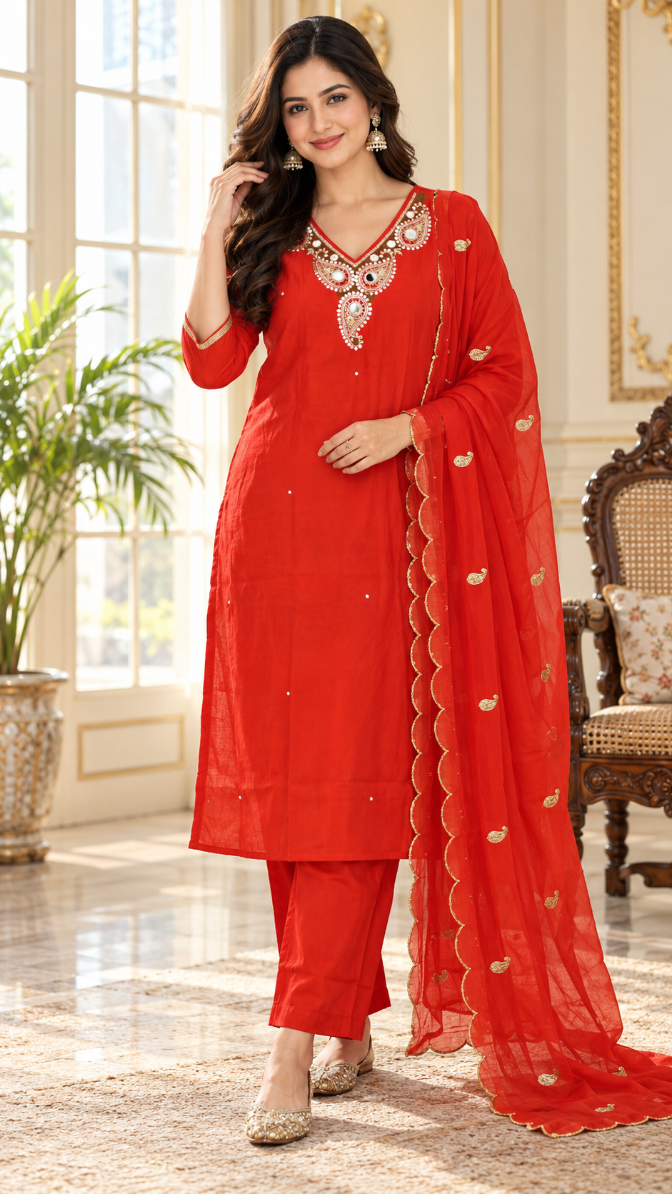 Women Orange Mirror Mul Chanderi Kurta Pant Dupatta