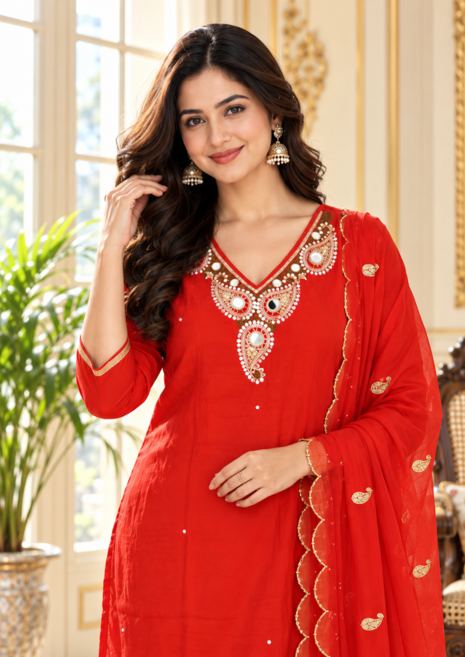 Women Orange Mirror Mul Chanderi Kurta Pant Dupatta