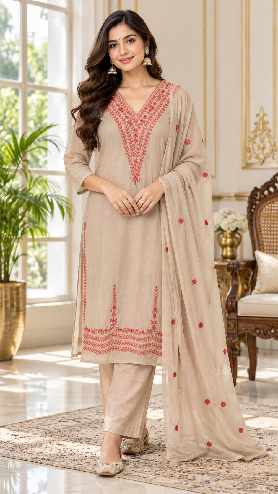 Women Beige Embroidered Cotton Kurta Pant Dupatta